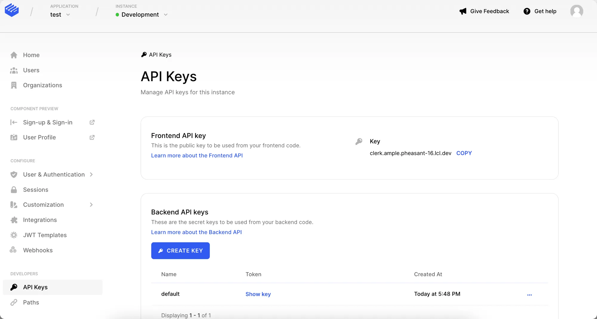 API KEYS Page